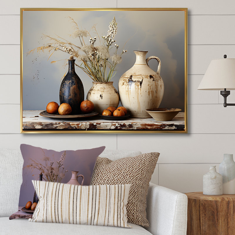 Art floral blanc rétro sur poterie, H 16 po x l 32 po x P 1 po, Cadre flottant doré