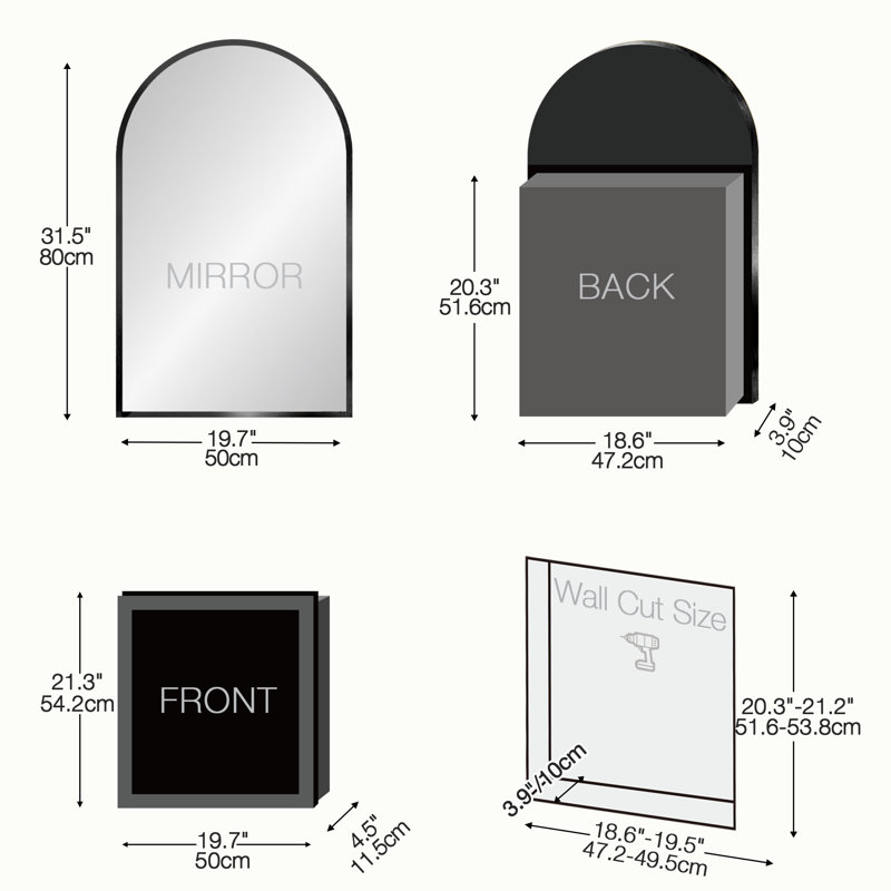 Miroir arqué pour armoire à pharmacie avec miroir de salle de bain sans assemblage, 31.5" H x 19.7" W x 4.5" D, Black