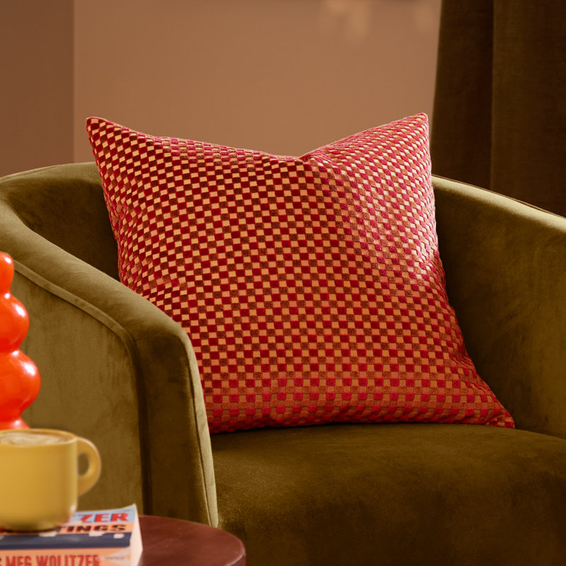 Checkered Pink Square Throw Cushion, Fibre, Red Plaid