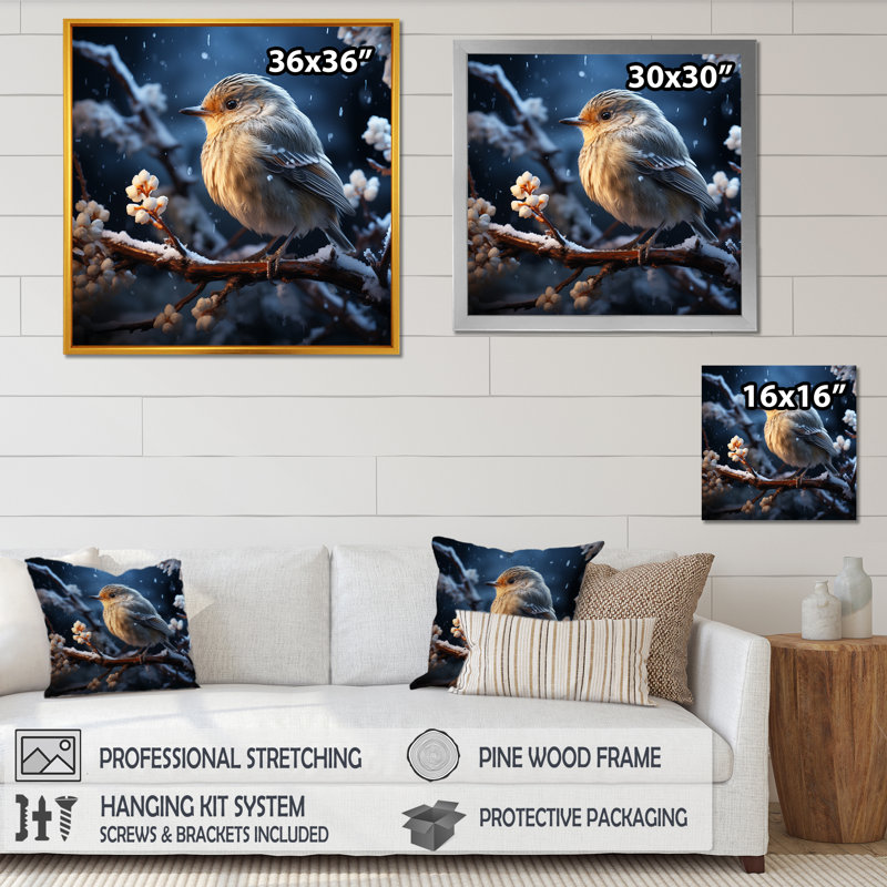 «Winter Blue Bird Serenity III - Bird», art mural, H 16 po x l 16 po x P 1 po, Cadre flottant doré