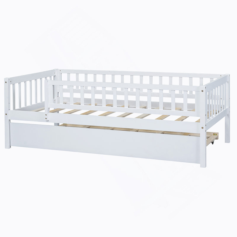 Wood Daybed with Trundle and Fence Guardrails, Twin, White