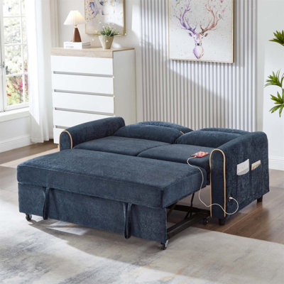 Chenille Pull Out Sofa Bed, 58-inch Sleeper Sofa with Adjustable 3-Position Backrest, 4 Side Pockets and Charging Ports for Living Room