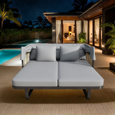 57" Outdoor Daybed Patio Sofa, Rattan Sunbed Patio Seating with Detachable Pillows