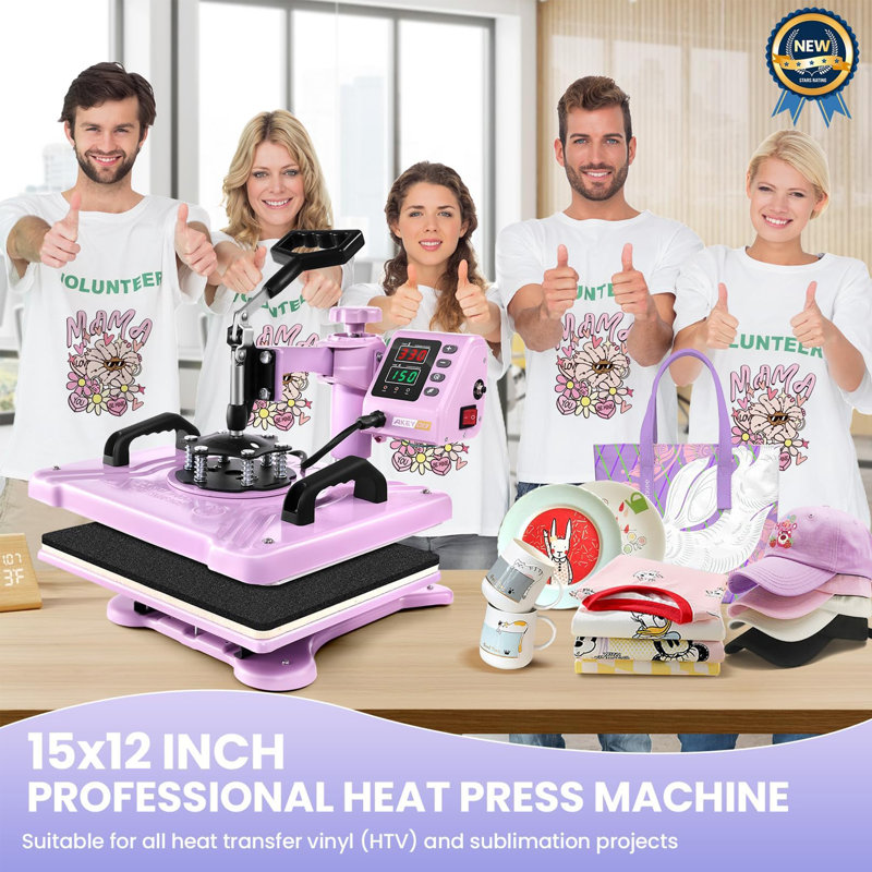 8 in 1 Heat Press Machine 12" x 15" Digital Multifunction Shirt Transfer Machine for DIY T-Shirt Hat Cap Mug Plate, Pink