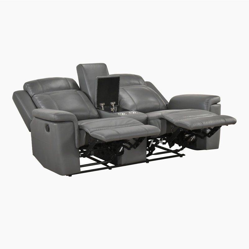 Causeuse inclinable manuelle en cuir fleur 75,5 "Elara avec console centrale, prises de courant intégrées et conception à fixation murale