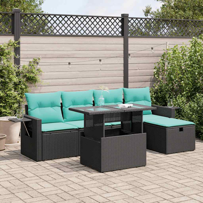  6 Piece Patio Sofa Set With Cushions Poly Rattan Acacia, Gray, Green