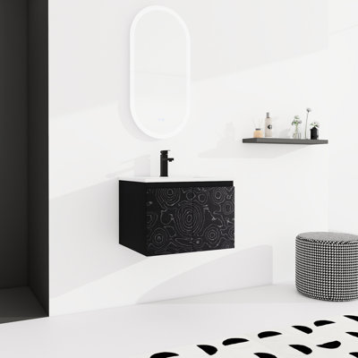 Modern 24'' Floating Bathroom Vanity With Ceramic Sink & Soft-Close Doors. Black Plywood Cabinet For Bathroom. Space Elegant Design Door - 24'