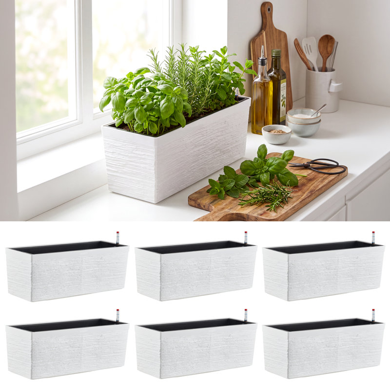 Self-Watering Rectangular Window Box Planter with Drainage, Stripe Plastic Pot for Porch Patio Herb Garden, 2-Pack White