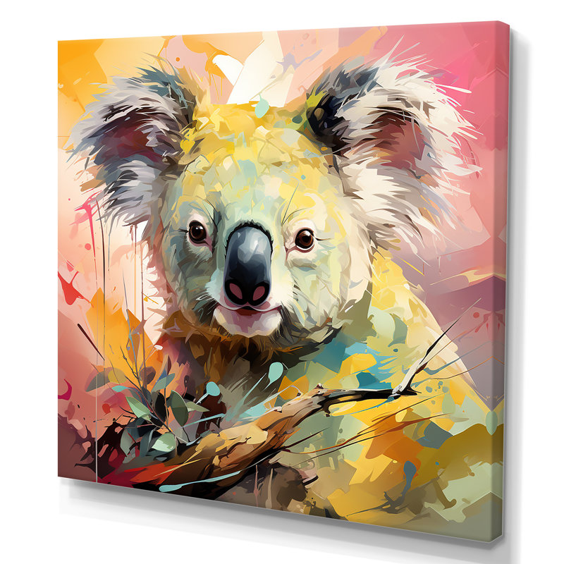 Floral koala rose - art mural animal koala, Toile tendue, H 36 po x l 36 po x P 1,5 po