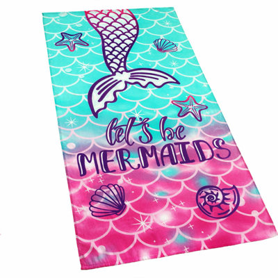 Mermaid Dreams Velour Beach Towel - 100% Cotton, Pink & Green, 28 x 55 inches