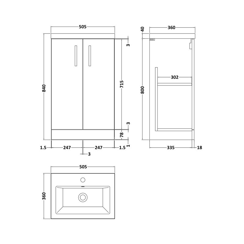 505mm Single Bathroom Vanity with Integrated Vitreous China Basin, Gloss White
