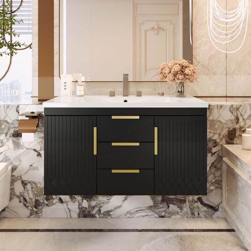 Meuble-lavabo mural avec lavabo et rangement spacieux, Noir