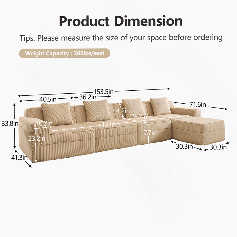 Boneless Modular 3 Seat L Shape Sectional Sofa With Deep Seat, Cloud Sectional Couch Featuring Throw Pillows And Movable Ottoman, Ideal For Family Gatherings