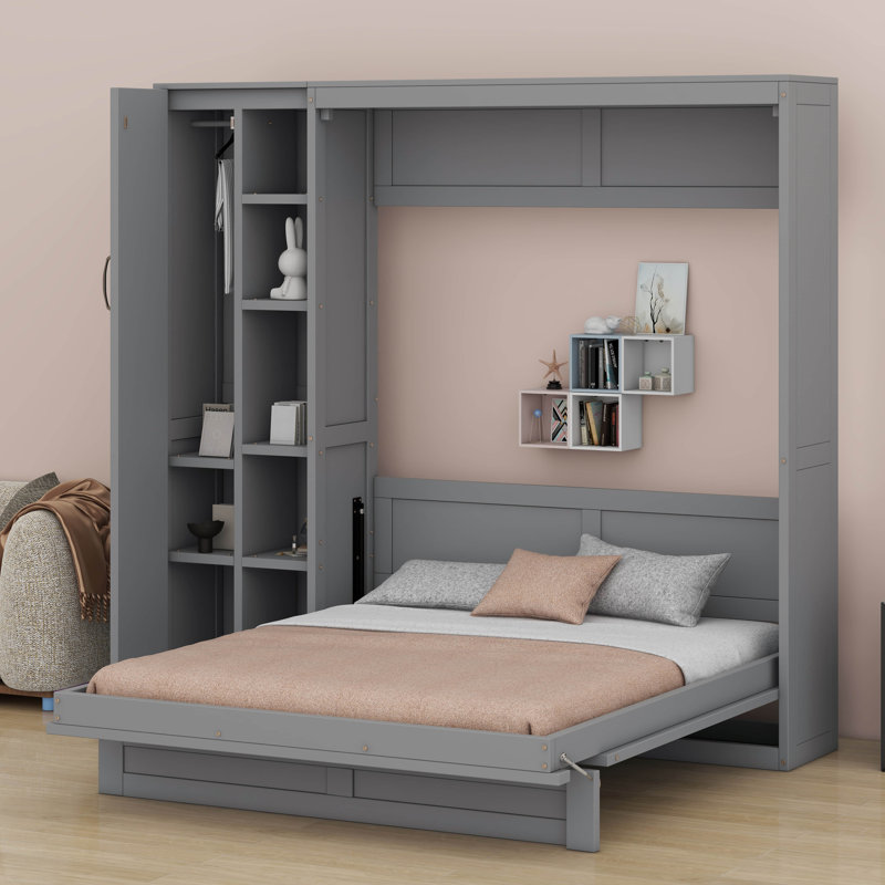 Lit escamotable mural avec rangement intégré, tablettes et éclairage décoratif DEL, Gris