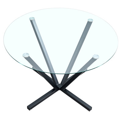 45.27"Round Dining Table,Tempered Glass Kitchen Tabe With Black Metal Legs,Modern Dining Room Table For For Kitchen, Living Room, Easy Assembly