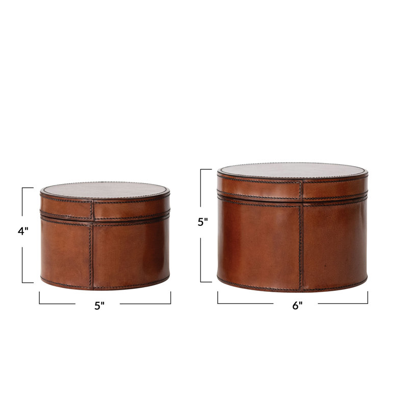 Ensemble de 2 boîtes rondes en bois et en cuir récupéré avec coutures et intérieur en velours