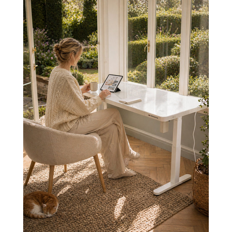 Almena Adjustable Height Tempered Glass Steel Standing Desk, White