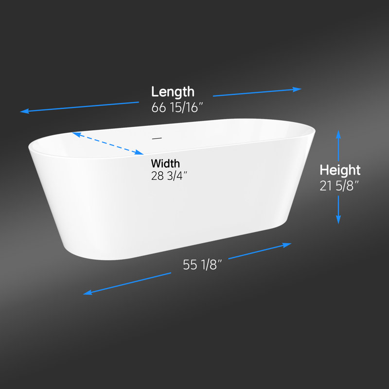 67" L x 28.7" W Freestanding Acrylic Soaking Bathtub, Double-Ended Design, Glossy White, 67" L x 28.7" W x 21.7" H