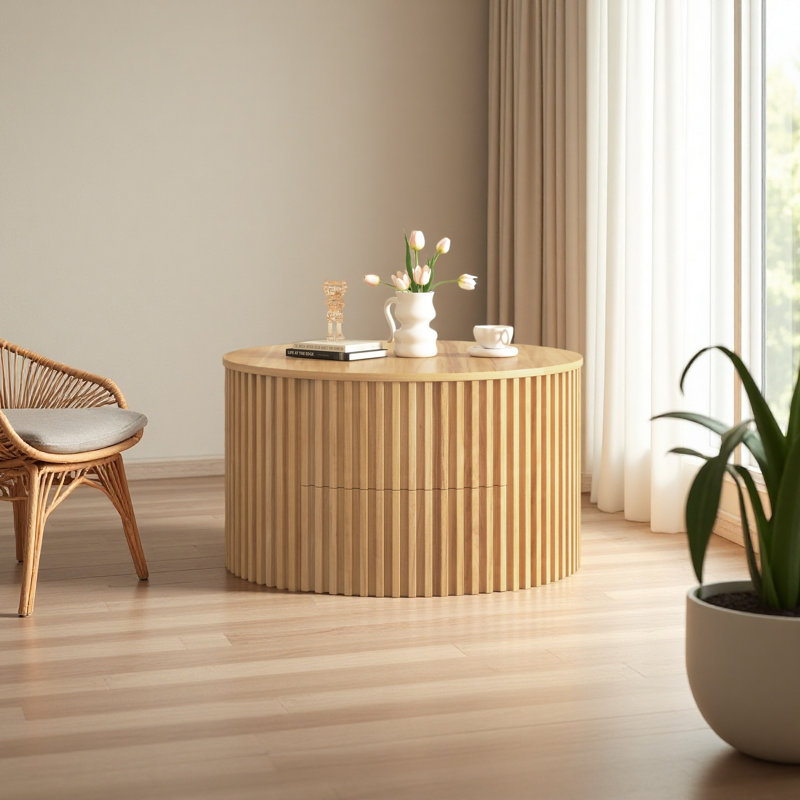 Table basse ronde à plateau relevable, table d'appoint moderne en bois cannelé avec rangement caché pour le salon
