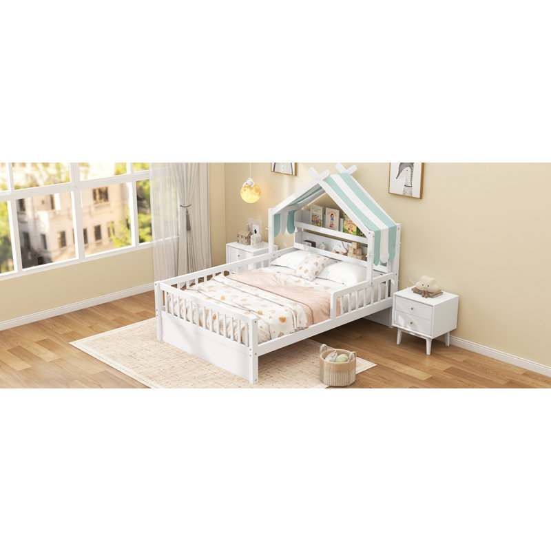 Lit double pleine grandeur en bois avec tablette de tête de lit, blanc, Blanc