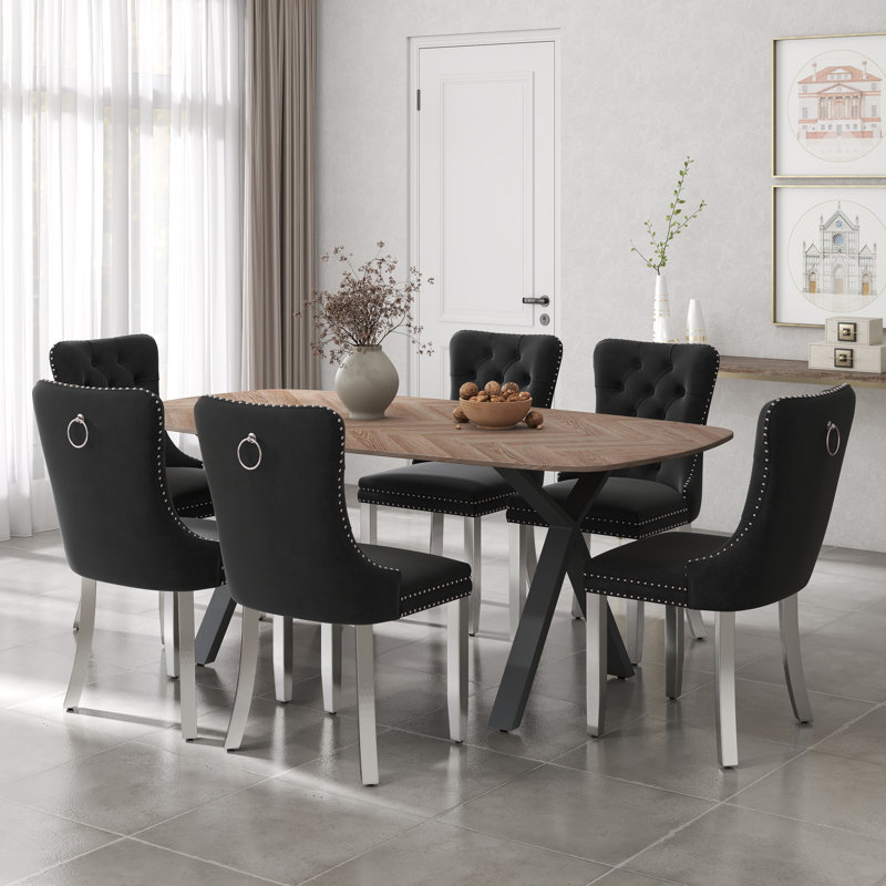 Rectangular Wooden Dining Set with Tufted Dining Chair, Black, 29.5"H x 71"L x 35.4"W