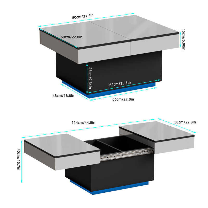 Breane Extendable Solid Coffee Table with Storage,high gloss with LED(20 colors lights),2 shelves
