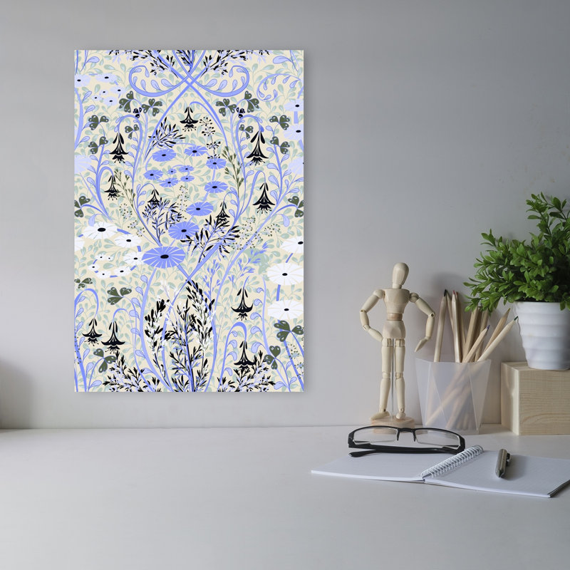 Elegant Blue Floral Pattern Classic Delicate Elegant Nature Spring Wall Art Print 1 Piece Wrapped Canvas Wall Art