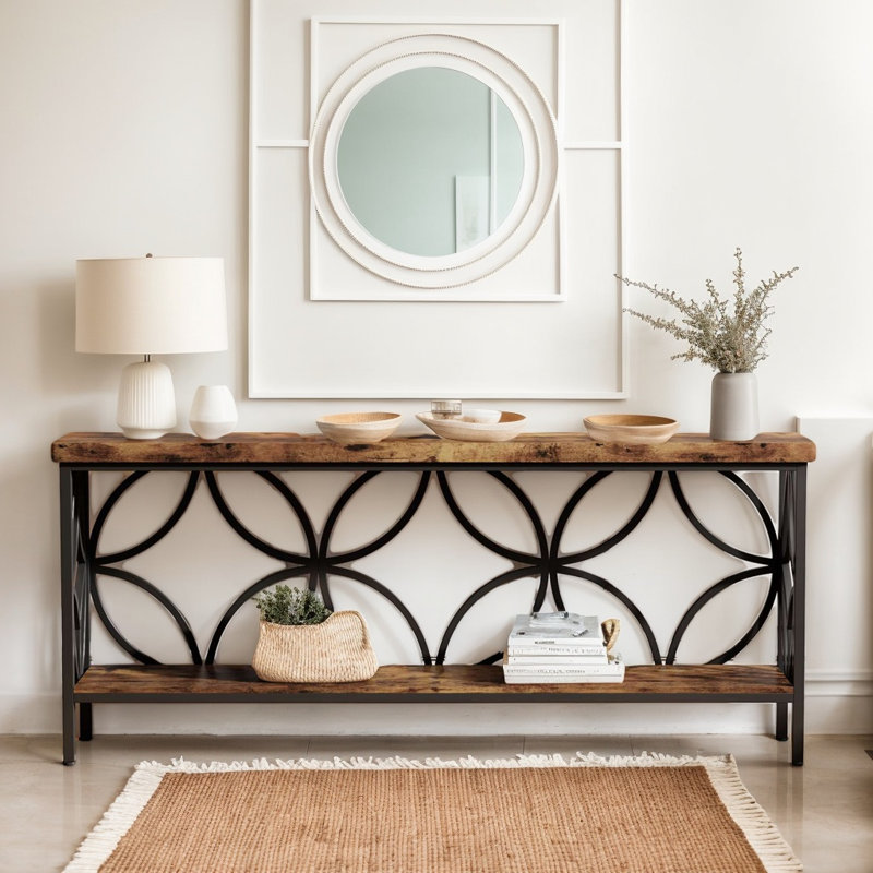 Console industrielle 70,9 po avec 2 tablettes, long canapé derrière le canapé pour le vestibule, Brun et noir, Brown, Noir