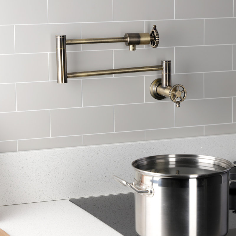Kingston Brass Fuller Two-Handle 1-Hole Wall Mount Pot Filler Faucet, Antique Brass