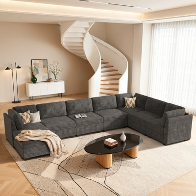 Canapé modulaire en forme de L en velours côtelé moelleux avec repose-pieds mobile