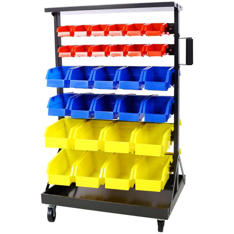 26" W Dual-Sided Mobile Metal Frame Plastic Bin Rack, With 2 Locking Wheels 6-Tier And 60-Bin Storage Rack