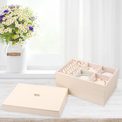 Plateau de rangement pour bijoux empilable avec couvercle, support de rangement pour bijoux en cuir PU pour tiroirs, boîte à bijoux, ensemble de 4, abricot