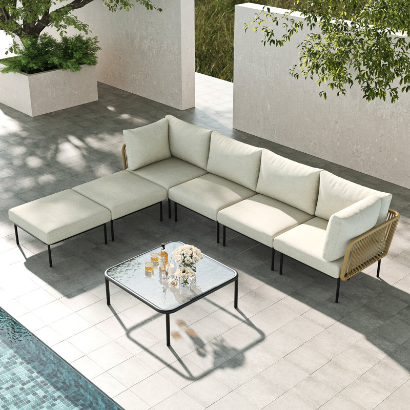 Ensemble modulaire d'extérieur en corde tissée 7 pièces avec table basse et coussins Layinsun