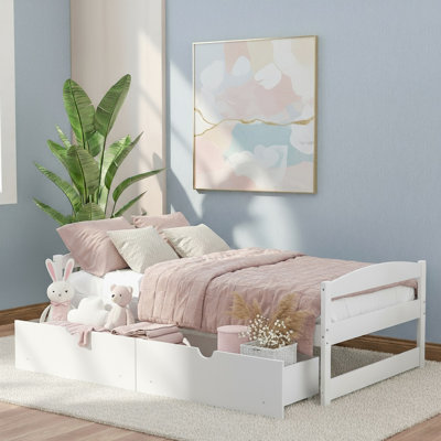 Twin Size Bed Frame With 2 Storage Drawers, Wood Twin Platform Bed Frame No Box Spring Need, White