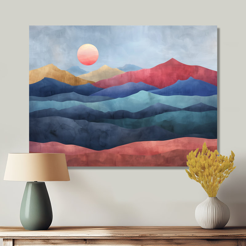 Décoration murale rouge et bleu abstrait coucher de soleil montagne II - paysage montagnes, Toile tendue, H 12 po x l 20 po