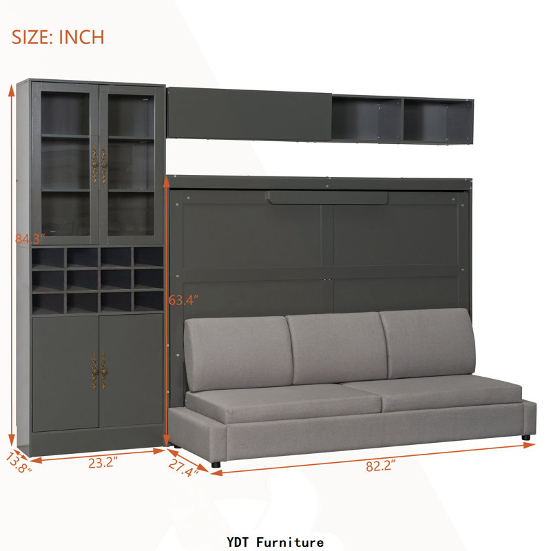 Lit escamotable double avec canapé, tablettes, USB et lumière, gris