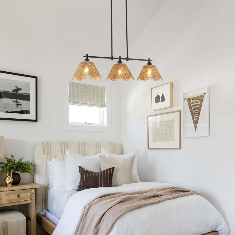 Luminaire suspendu moderne en îlot de cuisine rustique en rotin tissé à la main à 3 lumières de 35 pouces pour îlot de cuisine, lustre moderne moderne