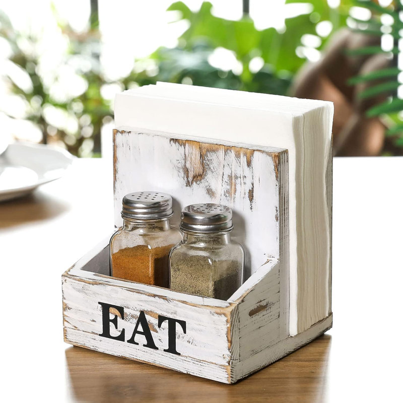 Porte-serviettes de table pour table, porte-serviettes en bois avec ensemble de salières et poivrières, chariot à condiments avec imprimé EAT noir audacieux, rangement de serviettes de table en papier pour la cuisine