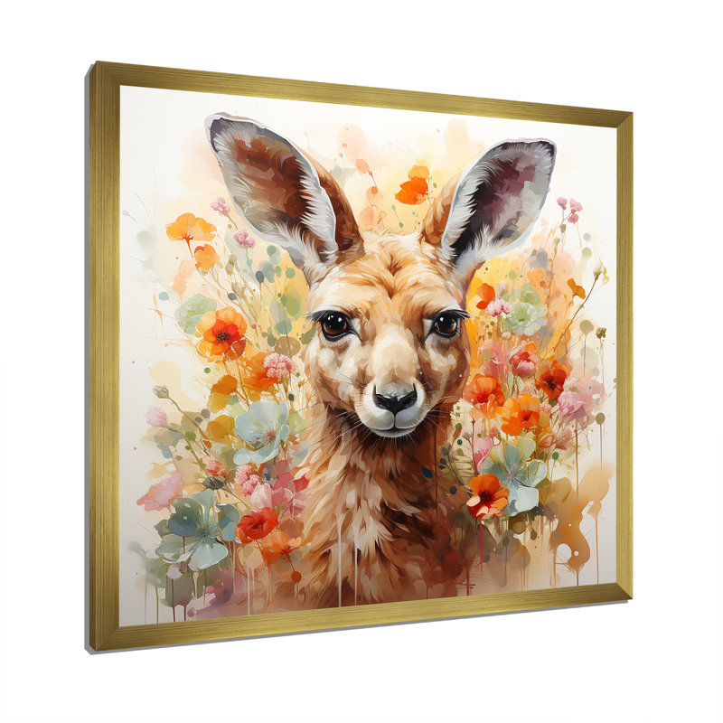 Portrait coloré de fleurs de kangourou - art mural animal kangourou, Encadrement doré, H 30 po x l 30 po x P 1,5 po