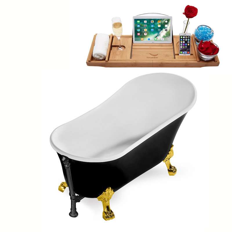 Baignoire de trempage sur pieds 59 "avec drain, pattes et plateau en bambou 59" Streamline, Or poli, Noir mat