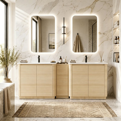 Modern Double Bathroom Vanity with Ceramic Sinks & Center Storage Cabinet, Eco-Friendly Paint-Free Plywood Combo Cabinet Set, Soft-Close Doors & Adjustable Shelves, Freestanding