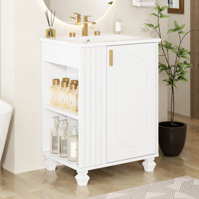 Meuble-lavabo classique de 23,5 po avec lavabo, fabrication en bois massif, quincaillerie élégante, espace sous le lavabo, trous de robinet pré-percés en bois de pin rétro, charnières, compartiments latéraux ouverts, trop-plein de finition