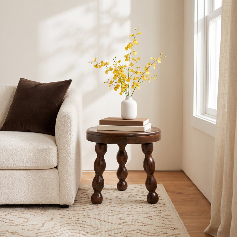 Vin Reese Round Mango Wood Accent Table with Dowel Tri-Pod Legs, Walnut