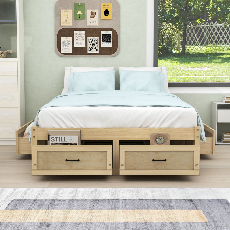 Lit plateforme en bois avec tiroirs et lattes, Naturel antique, Double
