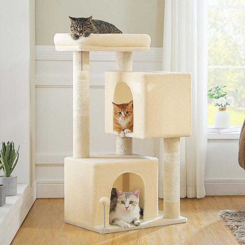Arbre à chat pour grands chats avec condos spacieux, grattoir épaissi, grand perchoir et jouets interactifs, Beige