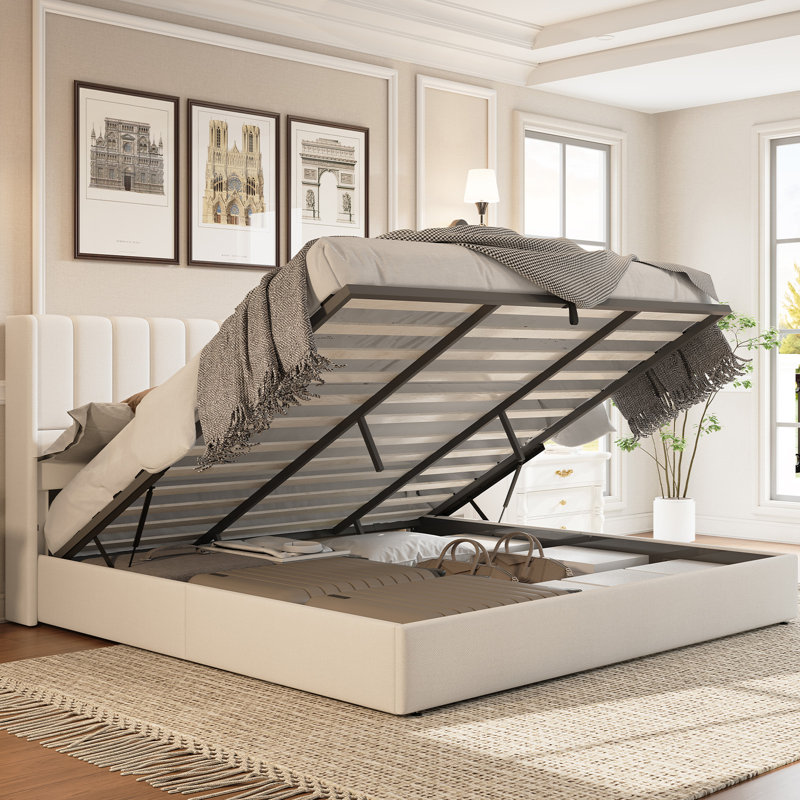 Lit plateforme tapissier moderne avec tête de lit capitonnée, Très grand, Crème
