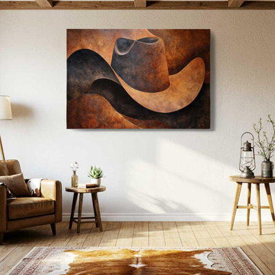 Abstract Cowboy Hat Canvas, Western Wall Art - Rustic Brown Leather Style Print, Modern Country Home Decor for Living Room