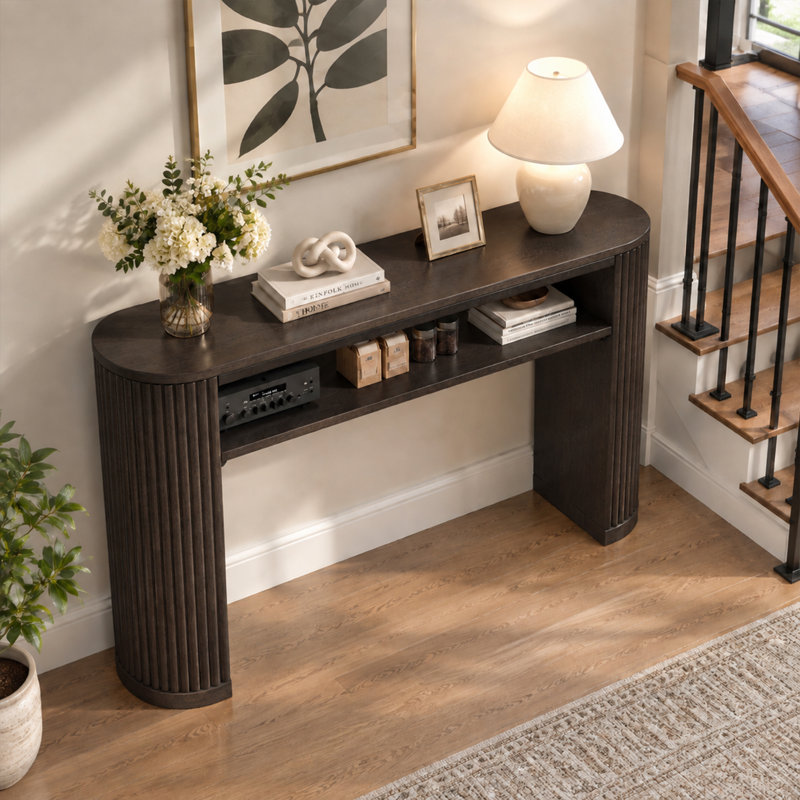 Console rustique, canapé d'entrée de style campagnard avec pieds cannelés, plateau en placage de frêne, Espresso