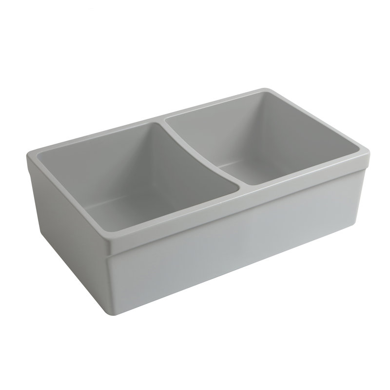 Whitehaus 33” Reversible Double Bowl Fireclay Kitchen Sink: 2-1/2" Lip and Fluted, 2" Lip Front Apron, Matte Light Cement
