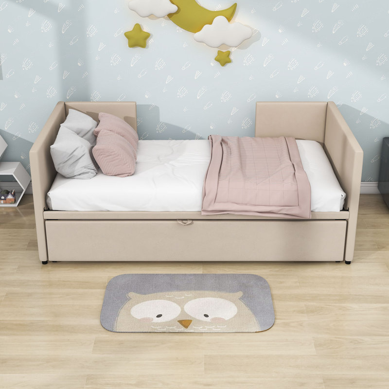 Twin Size Velvet Upholstered Daybed with Twin Size Trundle, Beige